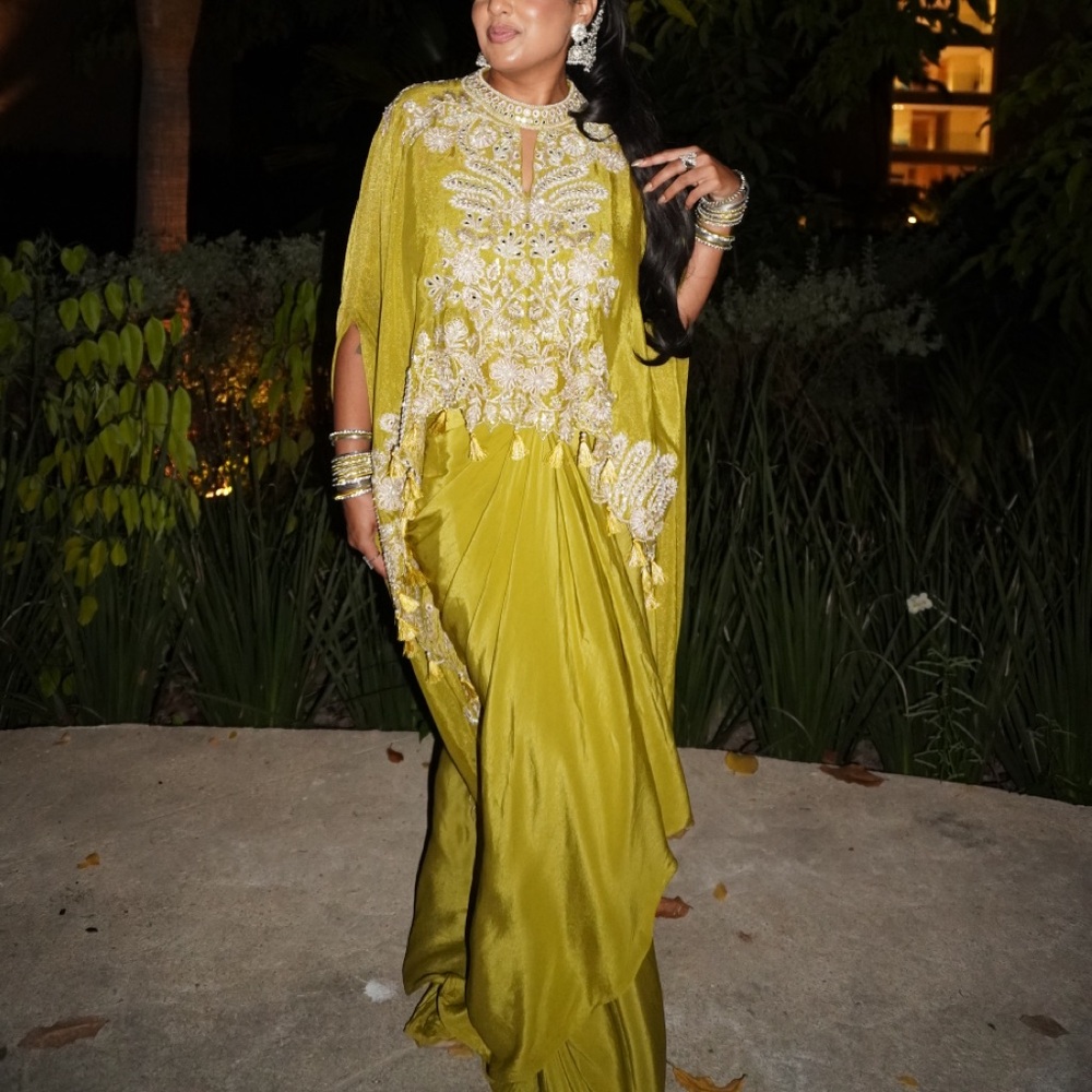 Elegant Green Embellished Cape Lehenga